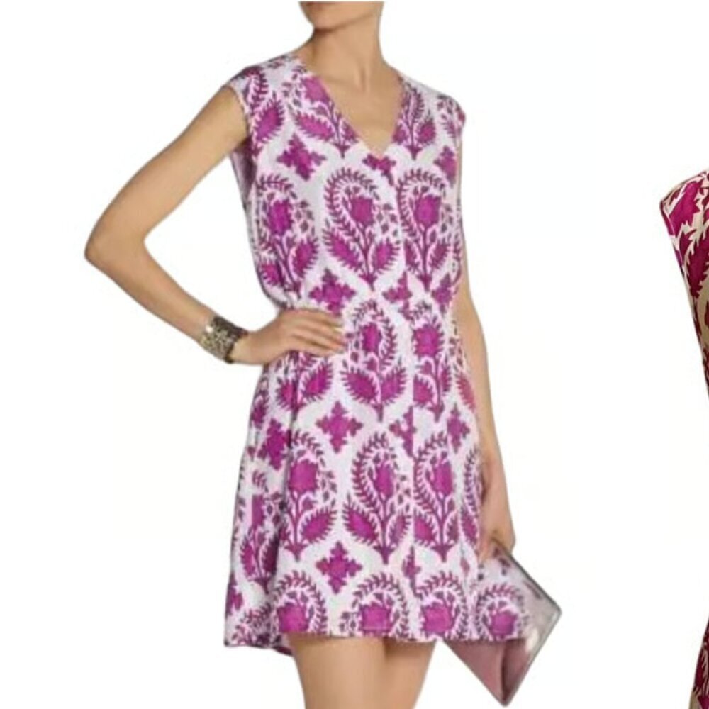 DIANE VON FURSTENBERG DVF Lilac‎ Shirt Mini Dress Pink Silk Crepe Floral